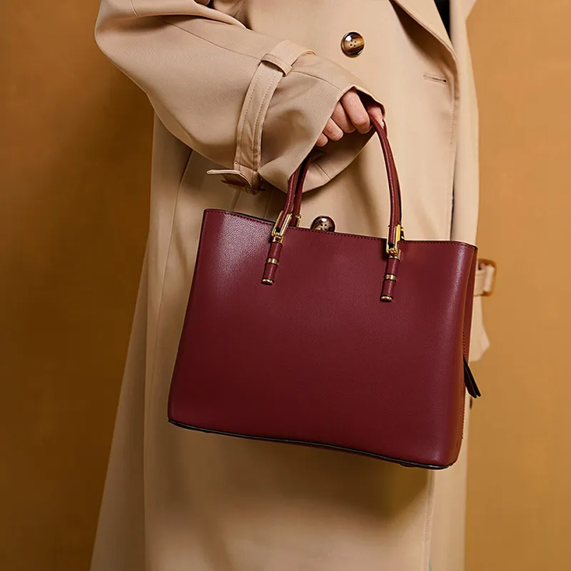 Dubaolu Cow Leather One Shoulder Crossbody Bag Multi Functional Wrist Handbag Large Size Women's Red/Apricot/Black-4