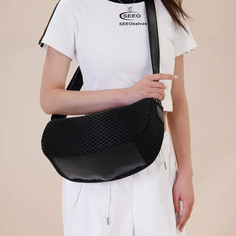 Dubaolu Fabric Dumpling Bag, Crossbody Bag, Shoulder Bag Medium Size Women's Black/Ecru-6