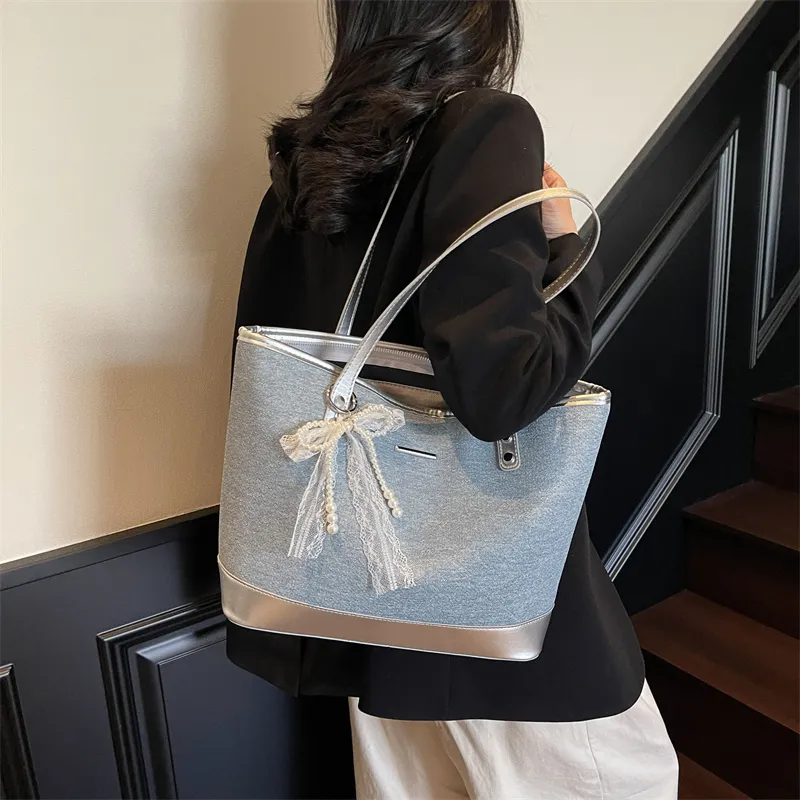 Wenpercy PU Tote Bag, Shopping Bag, Shoulder Bag Women's Silver/Black-1