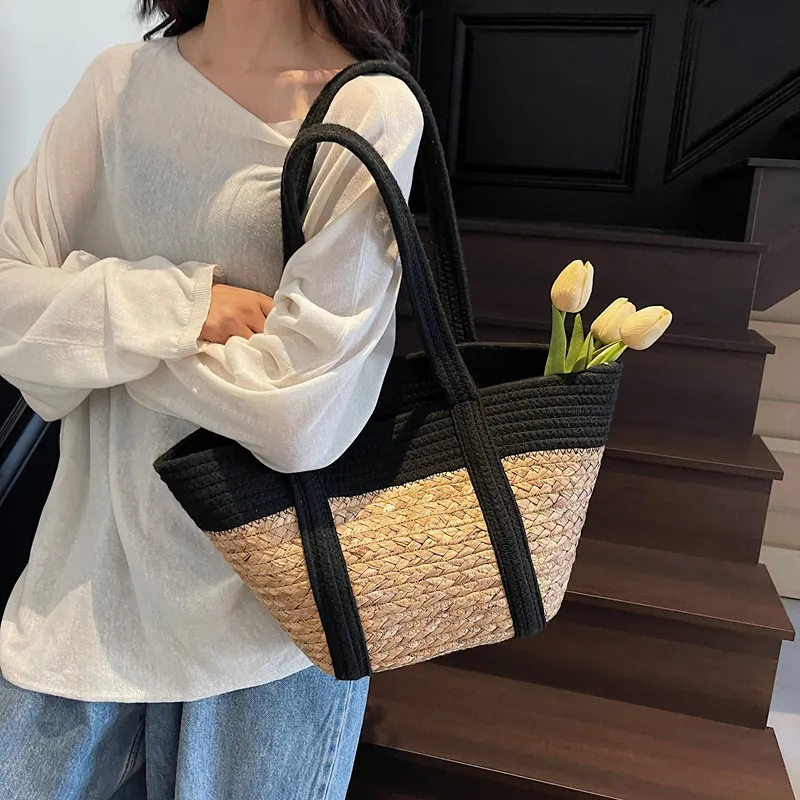 Wenpercy Straw Woven Underarm Shoulder Bag Regular Women's Black-3