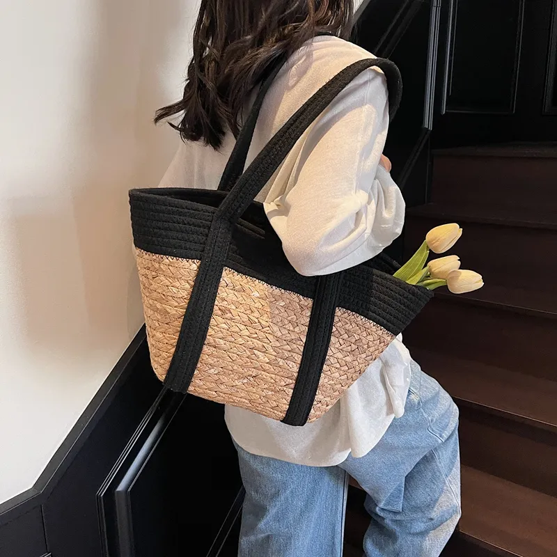 Wenpercy Straw Woven Underarm Shoulder Bag Regular Women's Black-4