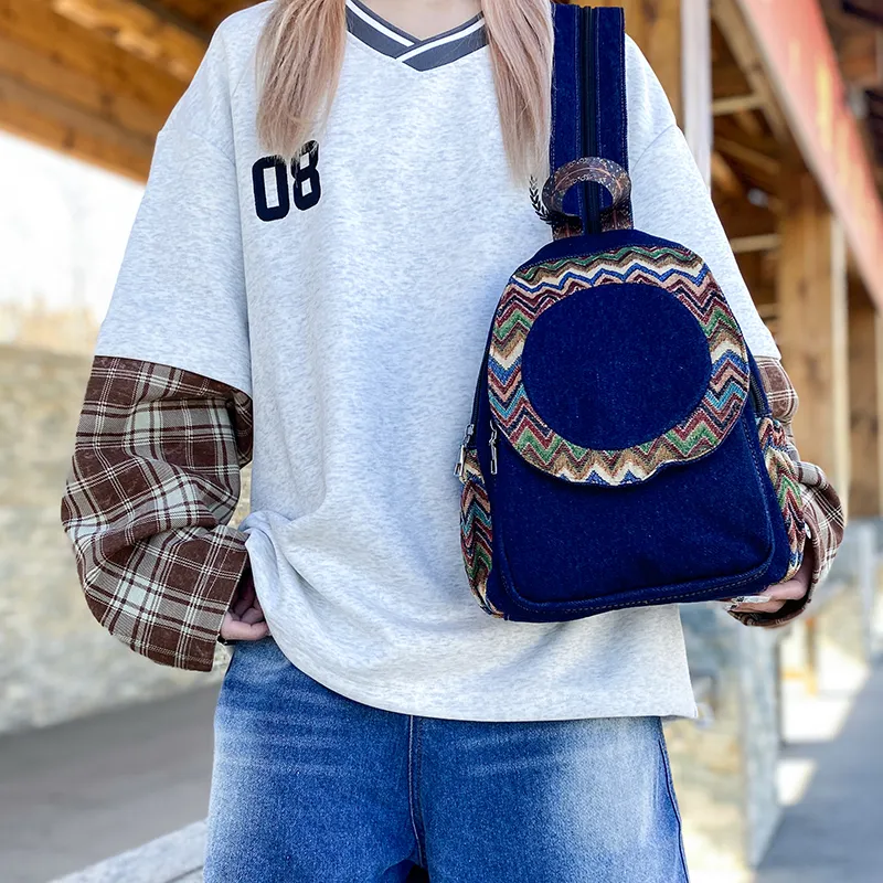 Wenpercy Denim Fabric Backpack Women's Multicolor-4