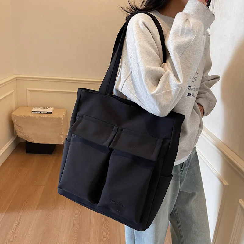 Wenpercy Fabric Tote Handbag, Shoulder Bag Unisex Dark Blue/Black-5
