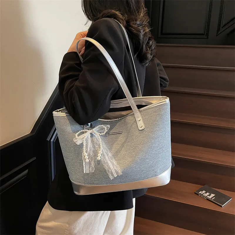 Wenpercy PU Tote Bag, Shopping Bag, Shoulder Bag Women's Silver/Black-2