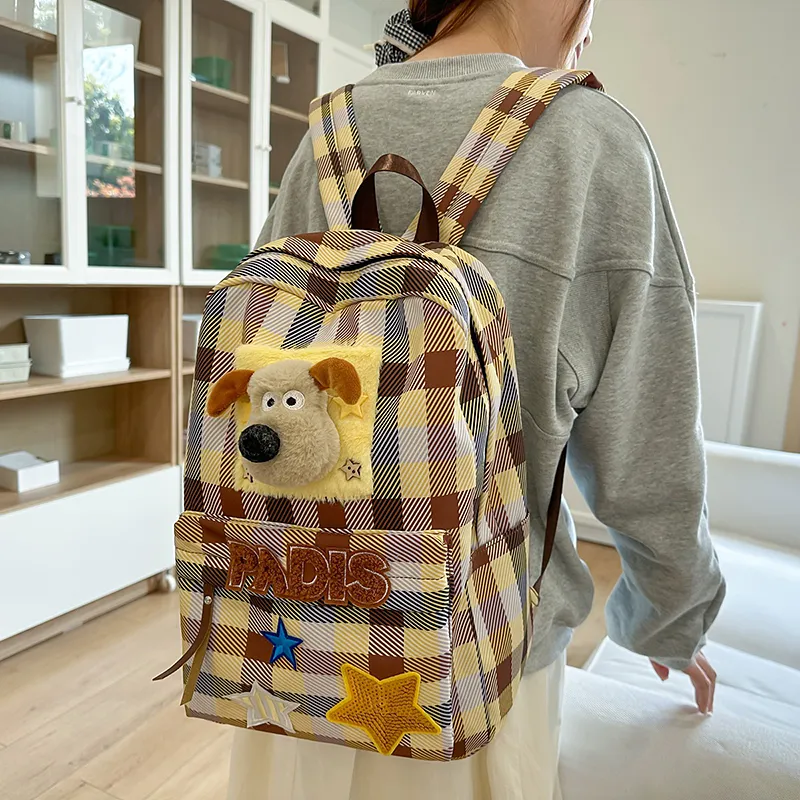 Wenpercy Nylon Backpack Women's Yellow Plaid Color-2