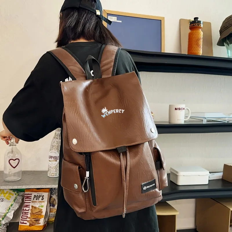 Wenpercy PU Backpack Regular Unisex Caramel/White/Black/Dark Brown-12