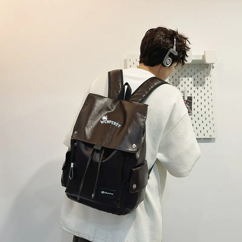Wenpercy PU Backpack Regular Unisex Caramel/White/Black/Dark Brown-8