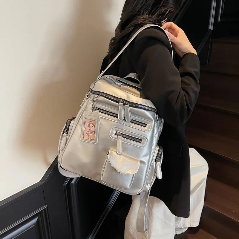 Cool PU Backpack Regular Women's Ecru/Silver/Black-5