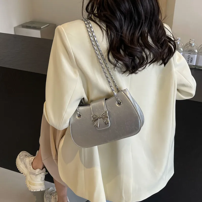 Cool PU Chain Bag Shoulder Bag Crossbody Bag Shoulder Bag Regular Women's Black/Ecru/Silver/Pink-8