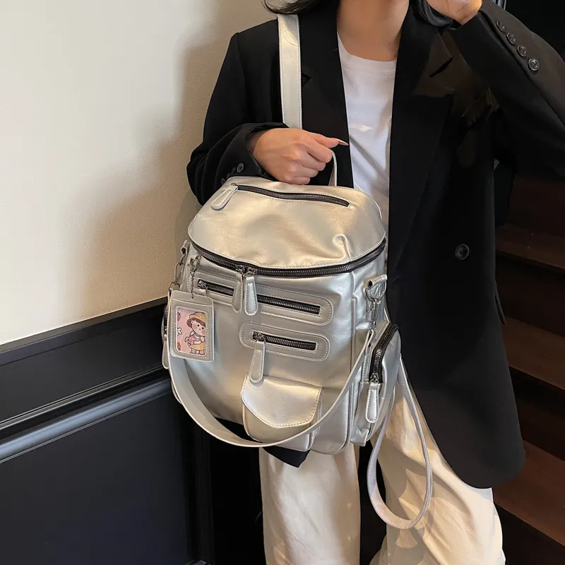 Cool PU Backpack Regular Women's Ecru/Silver/Black-7