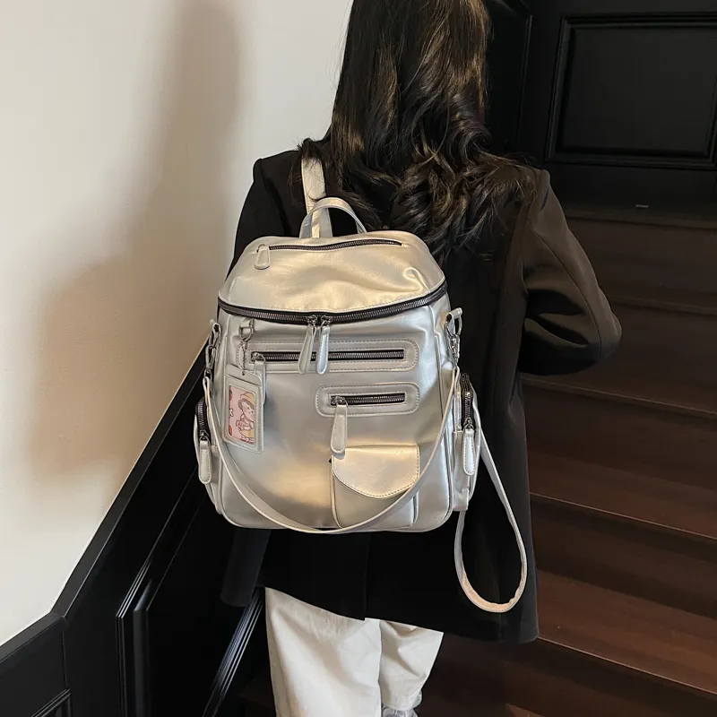 Cool PU Backpack Regular Women's Ecru/Silver/Black-6