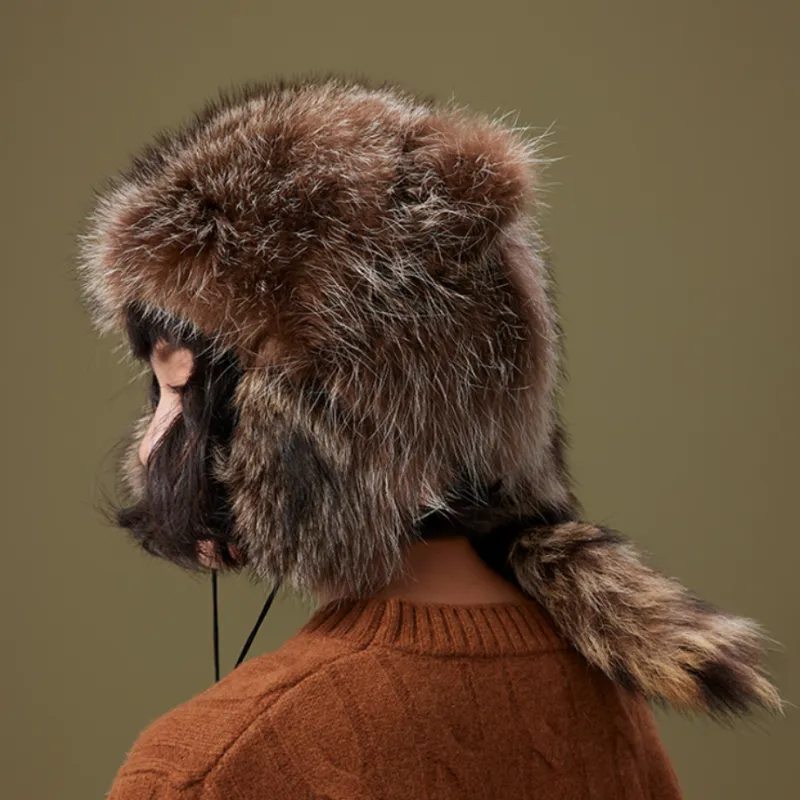 Lagur Raccoon Dog Fur Raccoon Hat Women's Solid Color-3