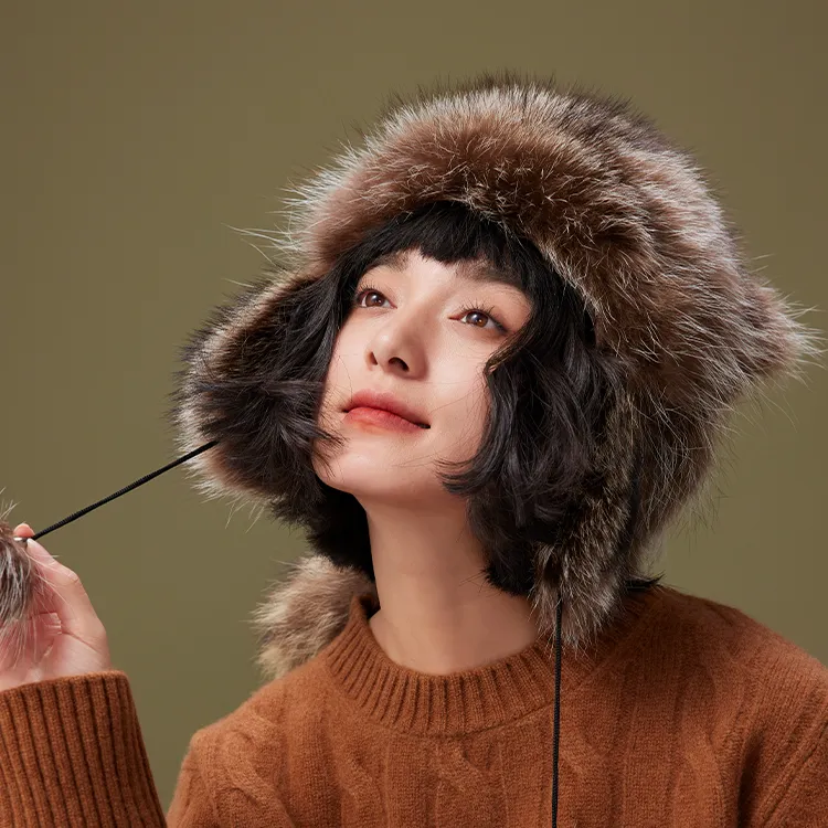 Lagur Raccoon Dog Fur Raccoon Hat Women's Solid Color-1