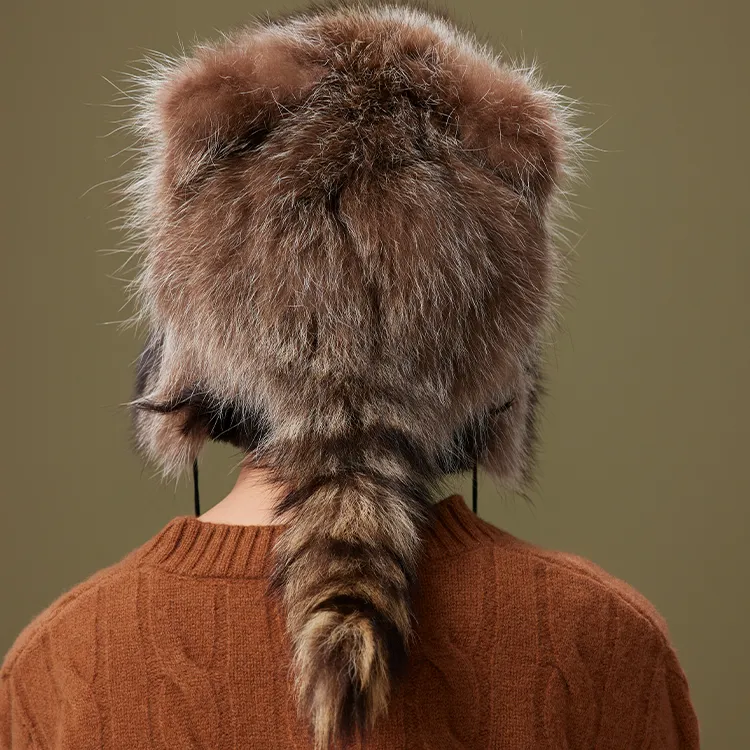 Lagur Raccoon Dog Fur Raccoon Hat Women's Solid Color-2