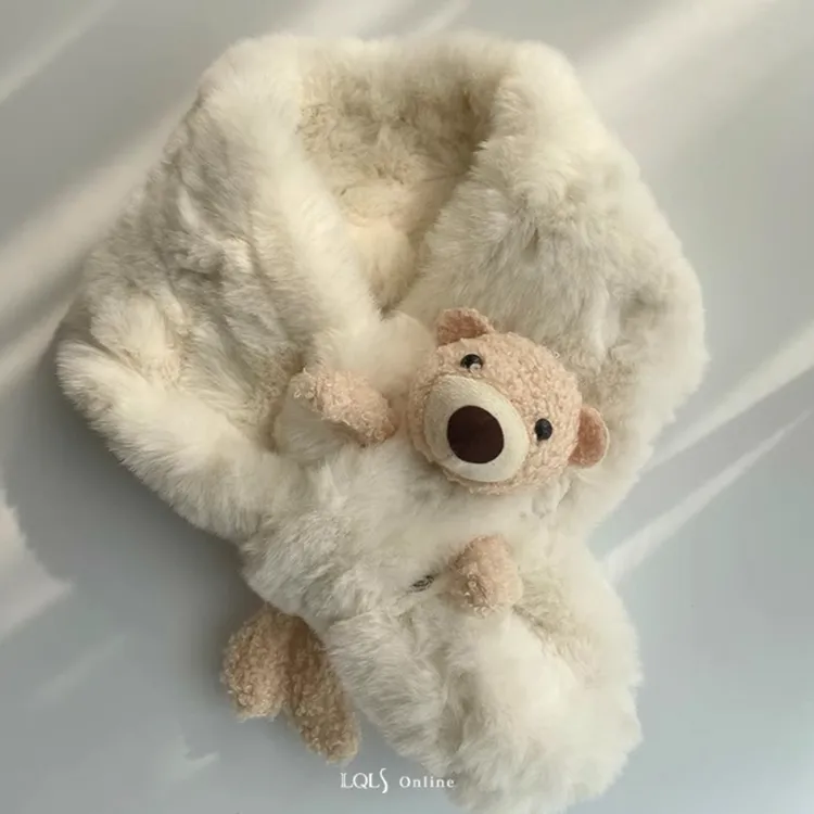 Lagur Faux Rabbit Fur Knit Scarves Women's Khaki/Ecru-4