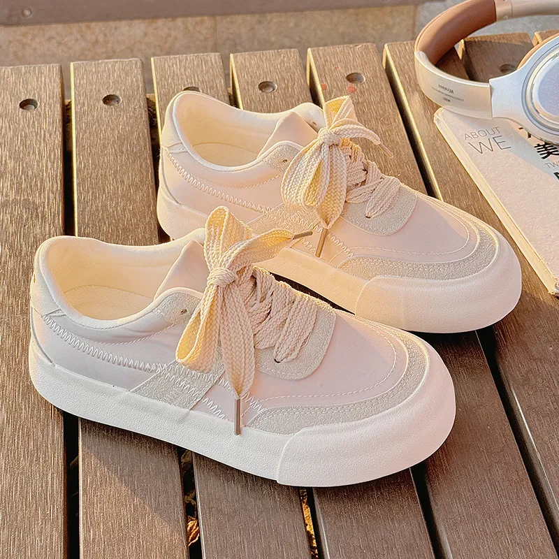 MKTKM Anti Slip Wear Resistant Low Top Skateboard Shoes Women's Oatmeal White-4