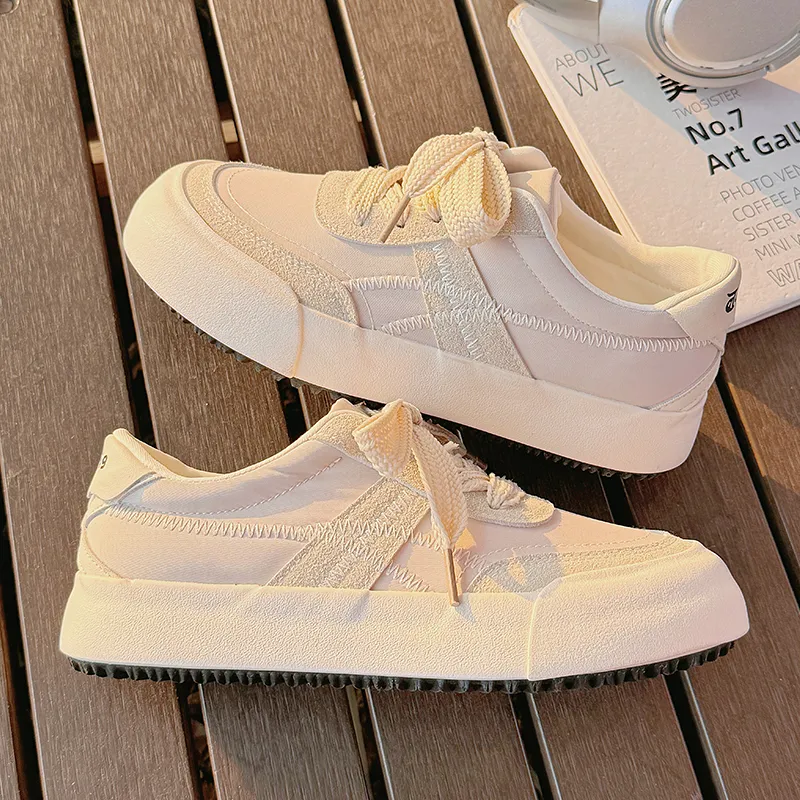 MKTKM Anti Slip Wear Resistant Low Top Skateboard Shoes Women's Oatmeal White-3