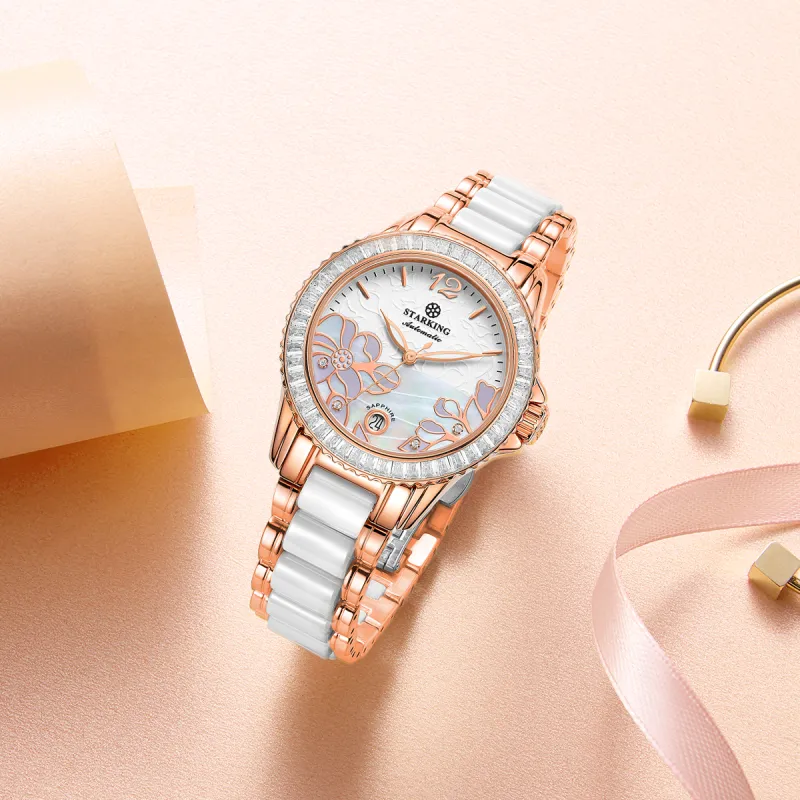 STARKING Bloom Collection Mechanical Movement Ceramic Strap Watch Women's Watch White Dial-3