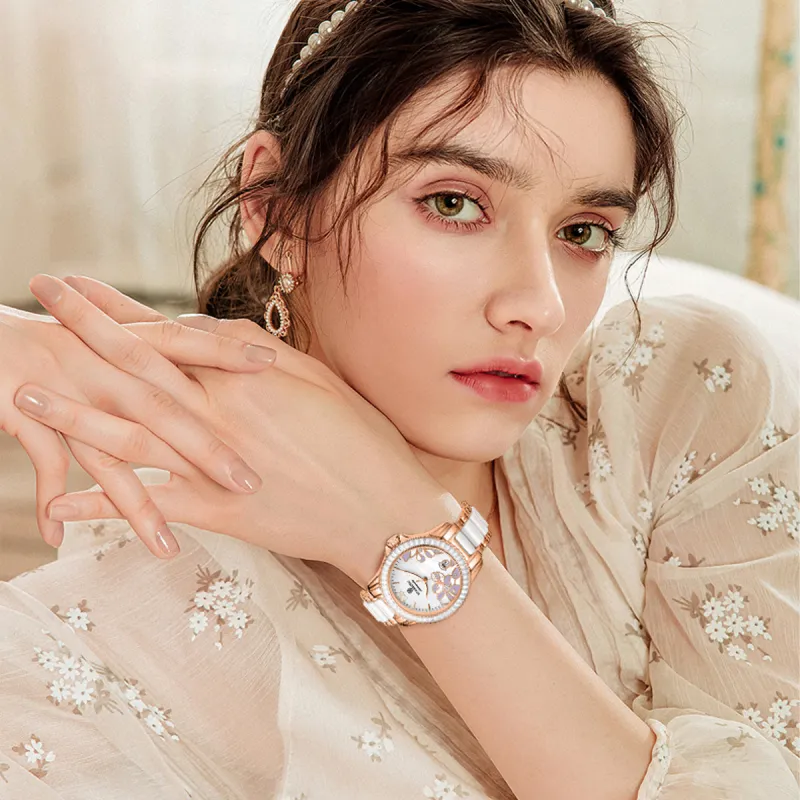 STARKING Bloom Collection Mechanical Movement Ceramic Strap Watch Women's Watch White Dial-1