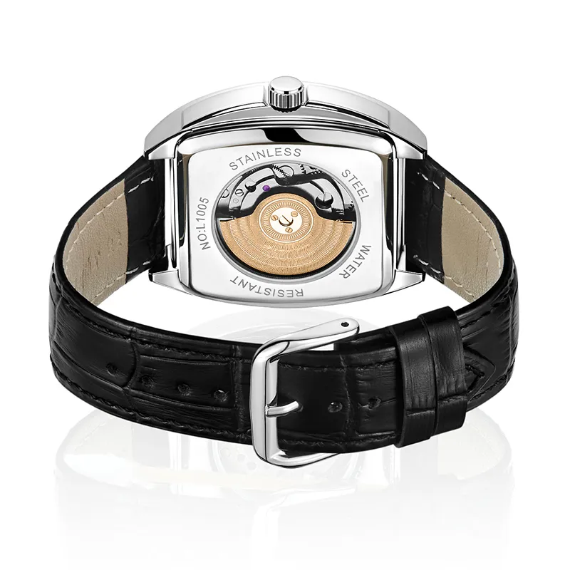 KUN HUANG Mechanical Movement Genuine Leather Strap Watch Men's Watches Black Dial-10