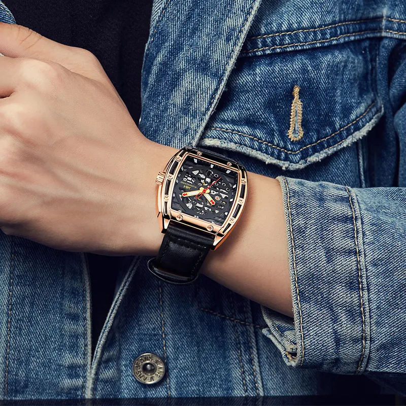 KUN HUANG Mechanical Movement Genuine Leather Strap Watch Men's Watches Cut-Out Dial-7