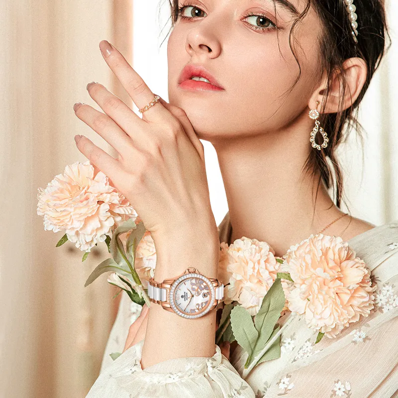 STARKING Bloom Collection Mechanical Movement Ceramic Strap Watch Women's Watch White Dial-5