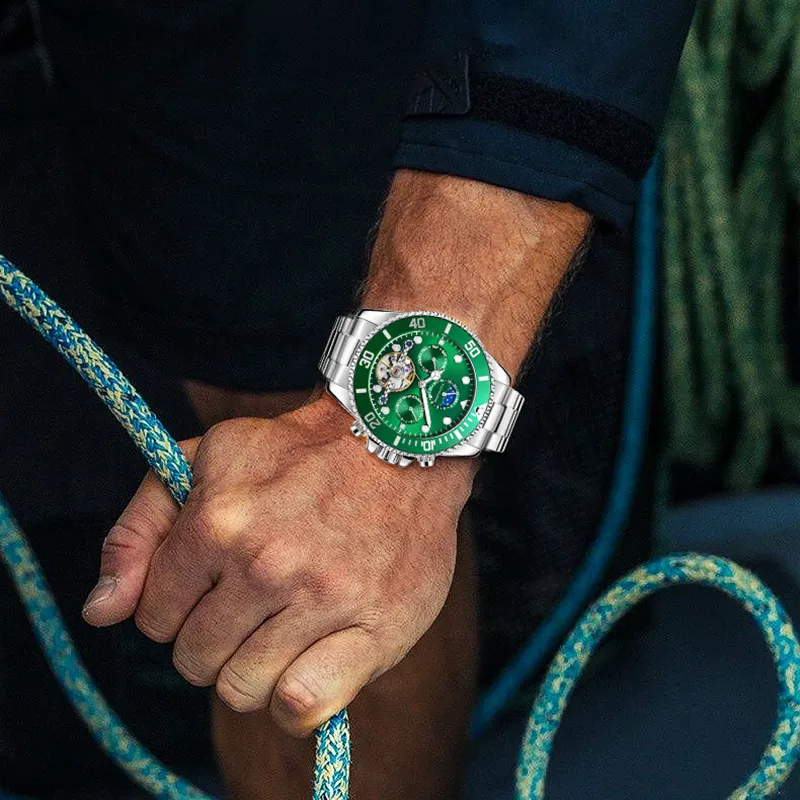 KUN HUANG Nautical Collection Mechanical Movement Stainless Steel Strap Watch Men's Watches Green Dial-13