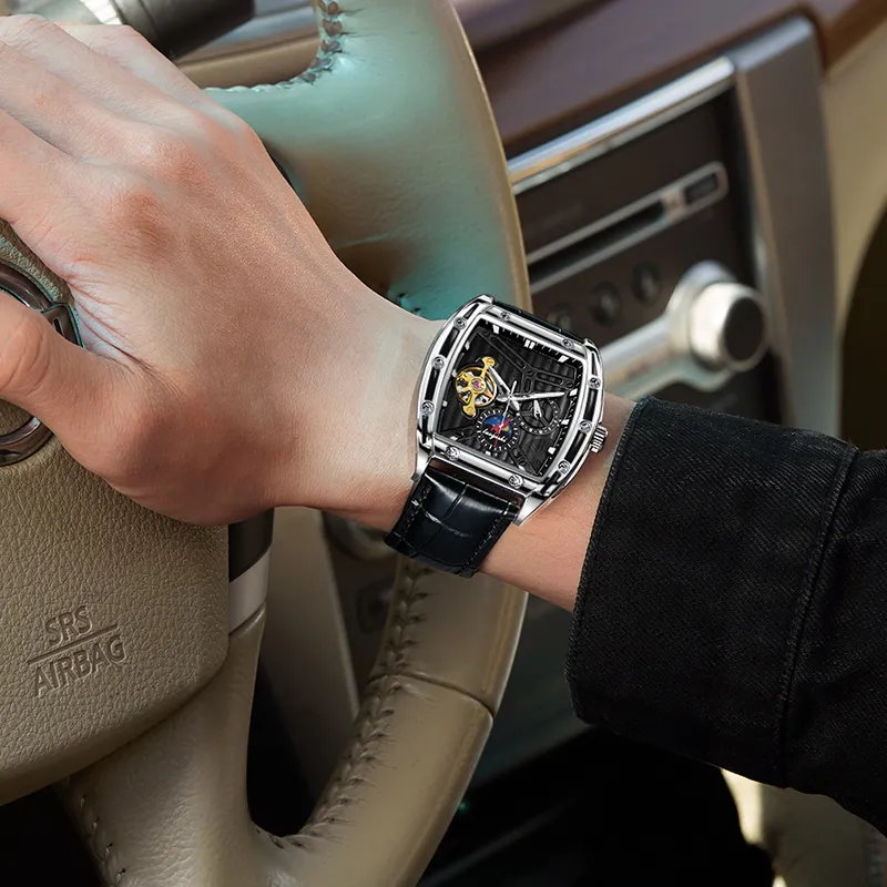KUN HUANG Mechanical Movement Genuine Leather Strap Watch Men's Watches Black Dial-11