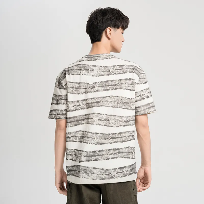 CAISEDI T Shirts Men Gray White Stripes-4