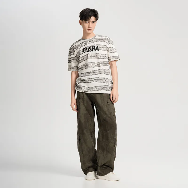 CAISEDI T Shirts Men Gray White Stripes-3