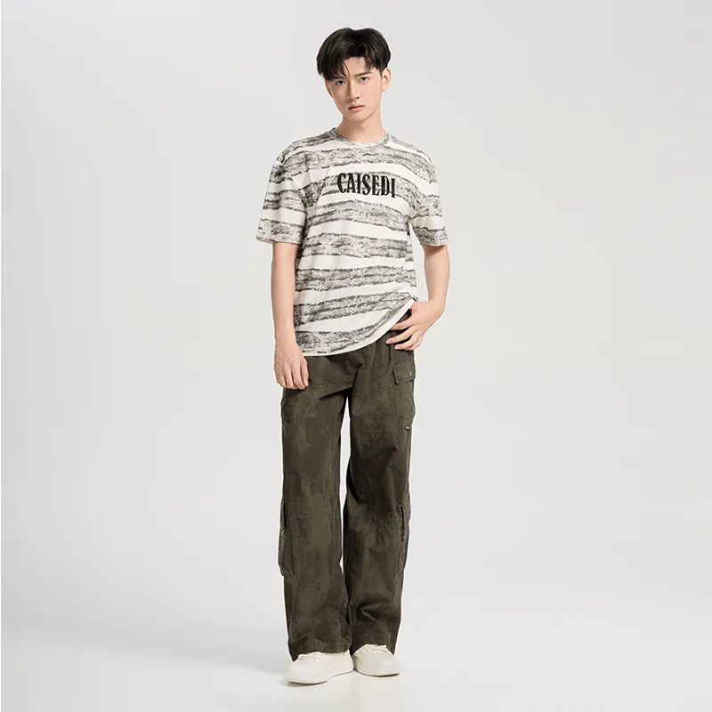 CAISEDI T Shirts Men Gray White Stripes-2