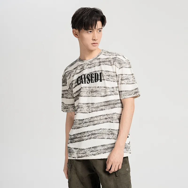 CAISEDI T Shirts Men Gray White Stripes-5