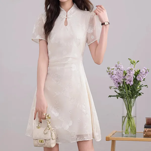 Pa33word Short Sleeved Dress Women's Beige Apricot-6