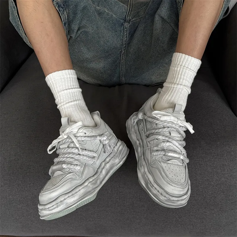 Anti Slip And Wear Resistant Height Increasing Low Top Classic Skateboard Shoes Unisex White Wipe Gradient Gray Shades-6