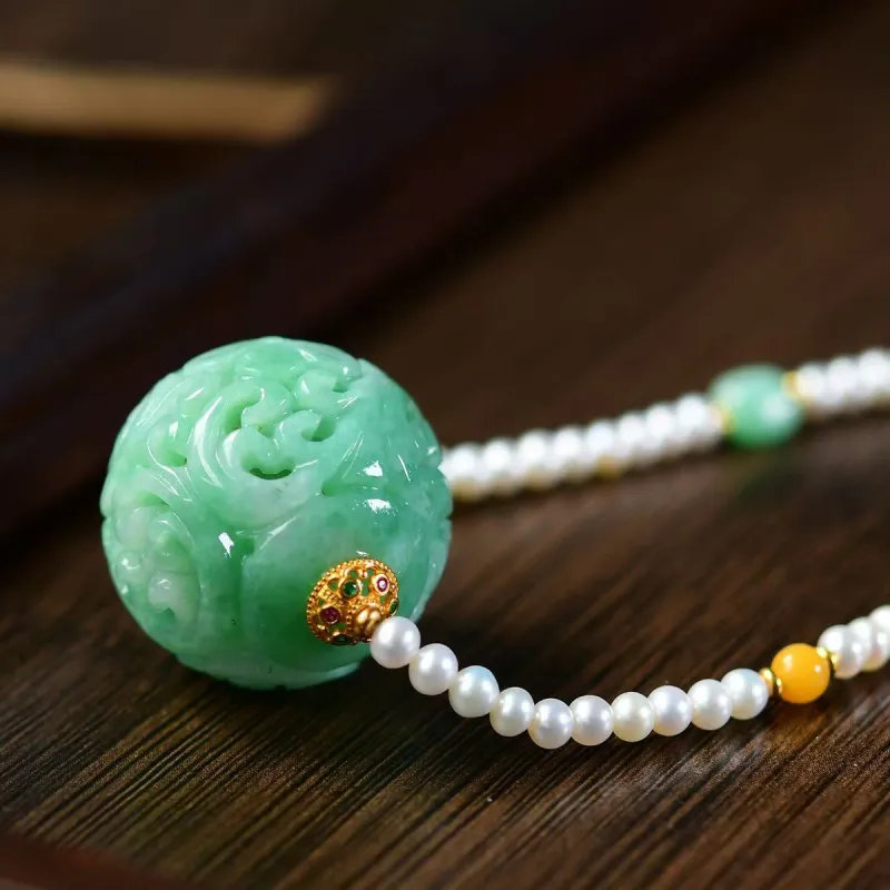 Xiao Tian Ice Glutinous Jadeite Fortune Bead Collarbone Chain Necklace Women's-3