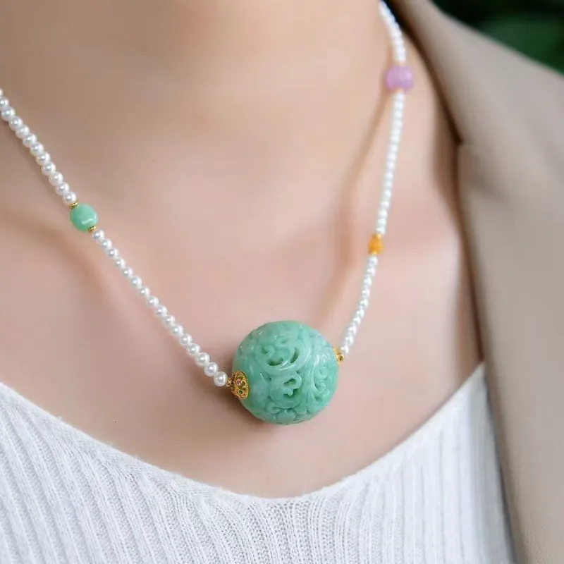 Xiao Tian Ice Glutinous Jadeite Fortune Bead Collarbone Chain Necklace Women's-6