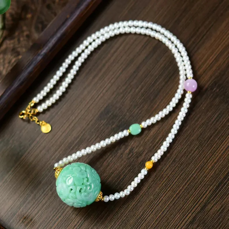 Xiao Tian Ice Glutinous Jadeite Fortune Bead Collarbone Chain Necklace Women's-4