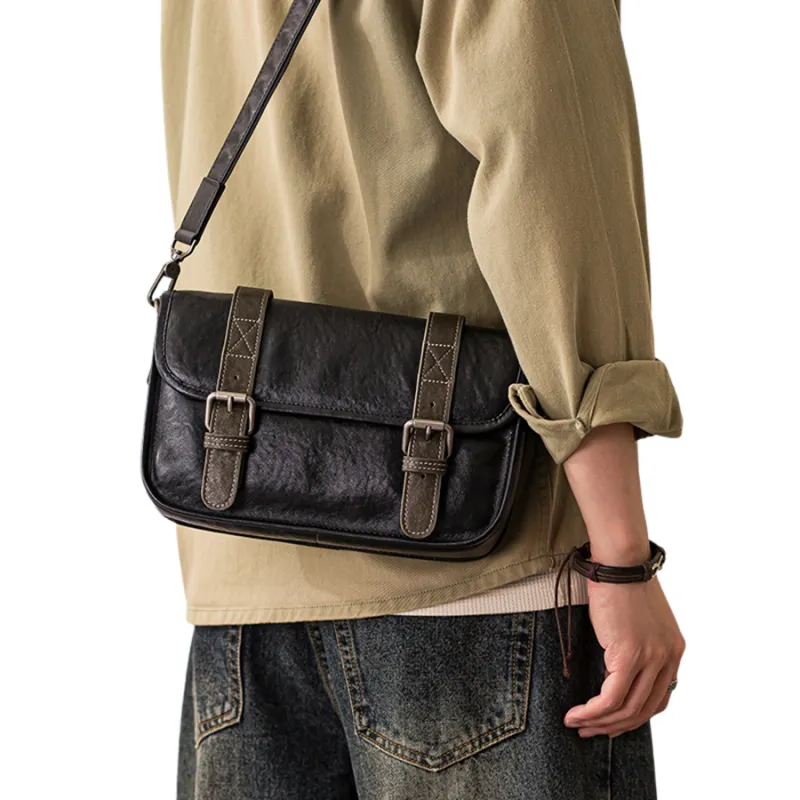 Back Step Vegetable Tanned Top Grain Cow Leather Crossbody Bag, Shoulder Bag Regular Men's Black-6