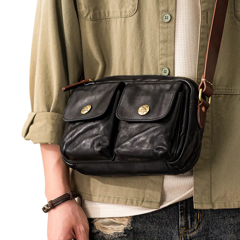 Back Step Top Grain Cow Leather Shoulder Bag Crossbody Bag Unisex Black-4