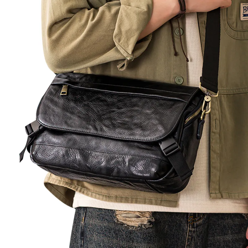 Back Step Top Grain Cow Leather, Vegetable Tanned Leather Messenger Bag, Crossbody Bag, Shoulder Bag Tubas Unisex Black-4