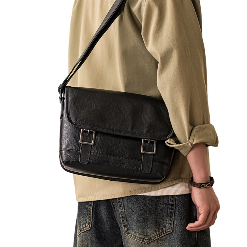 Back Step Top Grain Cow Leather Messenger Shoulder Bag, Crossbody Bag Unisex Black-6