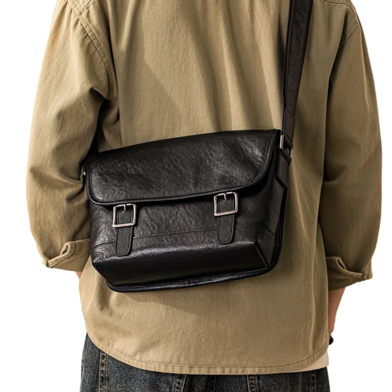 Back Step Top Grain Cow Leather Messenger Shoulder Bag, Crossbody Bag Unisex Black-5