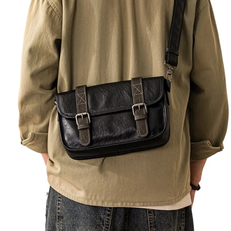 Back Step Vegetable Tanned Top Grain Cow Leather Crossbody Bag, Shoulder Bag Regular Men's Black-4