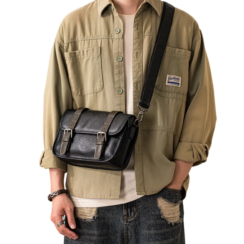 Back Step Vegetable Tanned Top Grain Cow Leather Crossbody Bag, Shoulder Bag Regular Men's Black-3