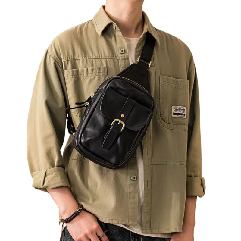 Back Step Cow Leather Sling Bag Men's Black-5