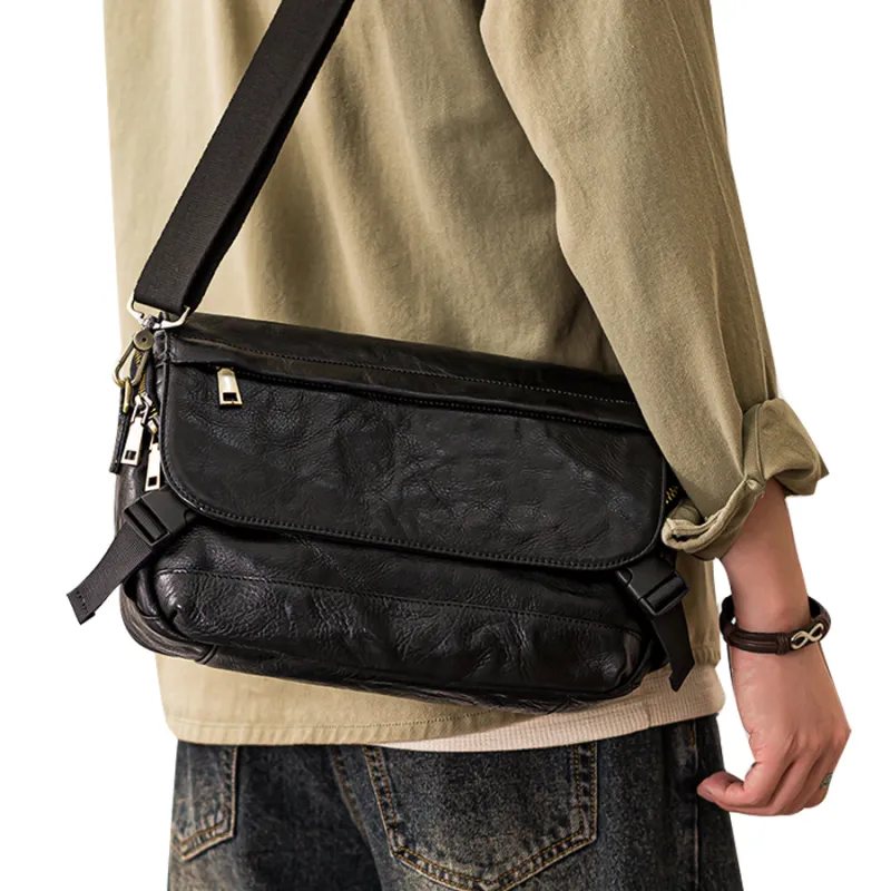 Back Step Top Grain Cow Leather, Vegetable Tanned Leather Messenger Bag, Crossbody Bag, Shoulder Bag Tubas Unisex Black-5