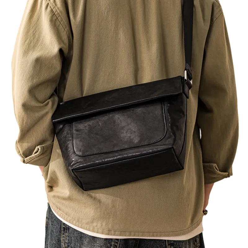 Back Step Top Grain Cow Leather Messenger Bag, Crossbody Bag, Shoulder Bag Medium Size Men's Black-6