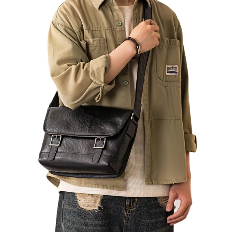Back Step Top Grain Cow Leather Messenger Shoulder Bag, Crossbody Bag Unisex Black-3