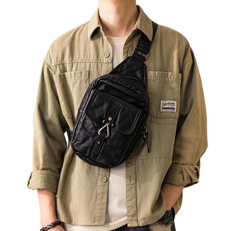 Back Step Top Grain Cow Leather Sling Bag Small Size Unisex Black-6