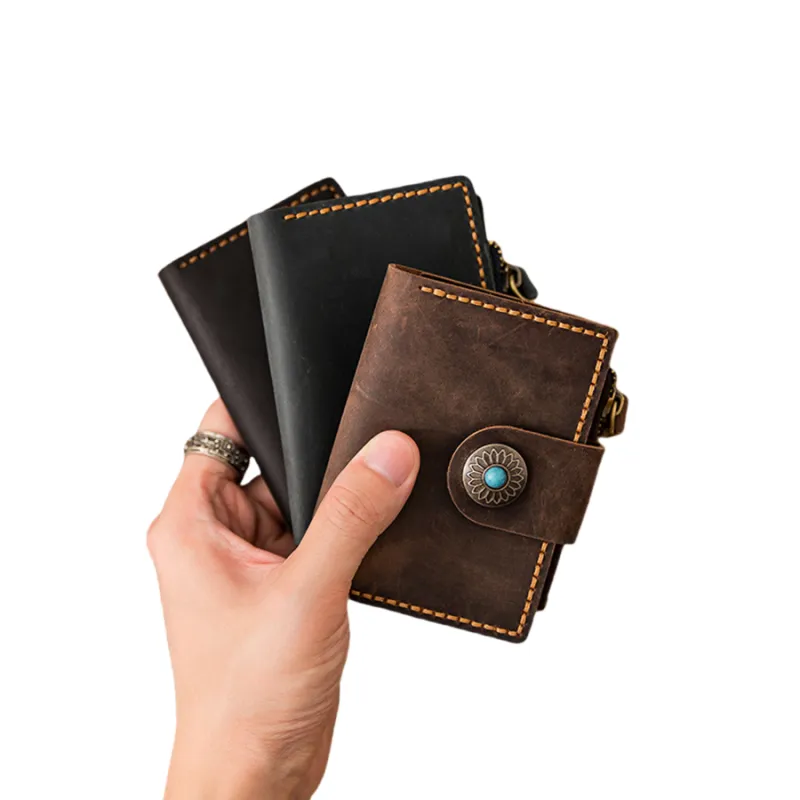 Back Step Top Grain Cow Leather Key And Coin Card Pouch Unisex Multicolor-14